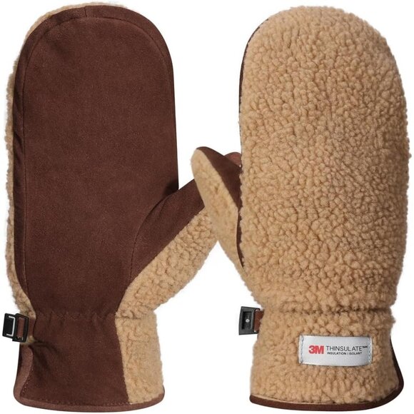 ⚡Women's Camel Genuine Suede Outdoor Mitt Thermal Lined Finger Liners Mitten - Picture 1 of 7